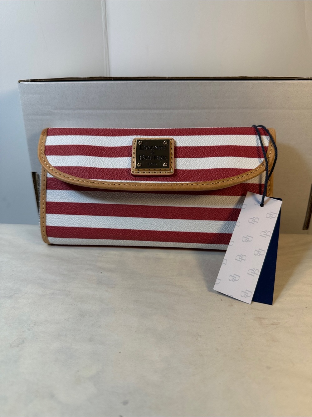 Dooney & Bourke Red and White Striped Clutch with Tan Trim